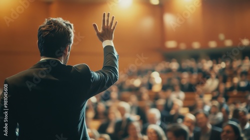 A businessman raising his hand to ask questions during a business event, with a group of people sitting in the conference hall and watching him from the back. 