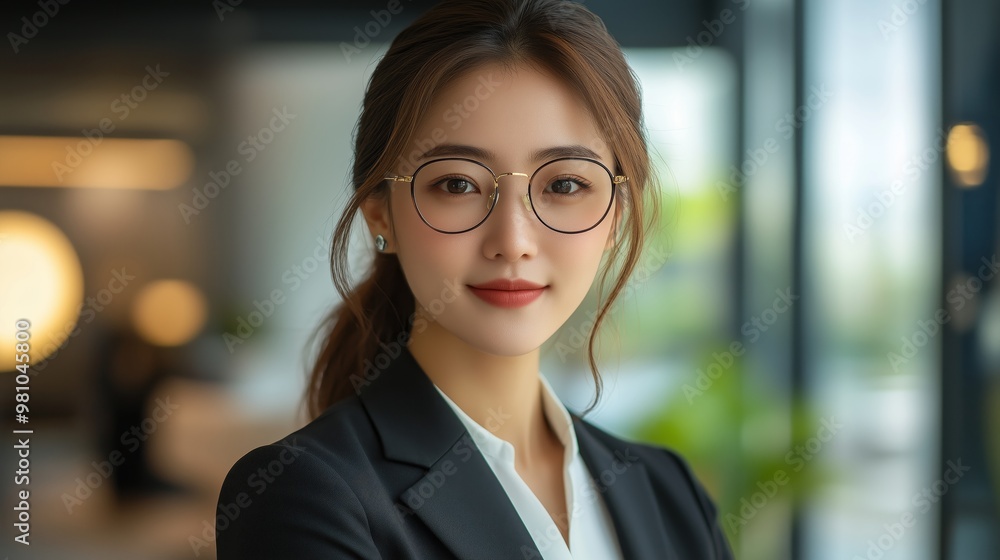 Naklejka premium A Chinese female real estate agent wearing glasses and a suit standing in the office with bright lighting, looking at the camera with a confident smile