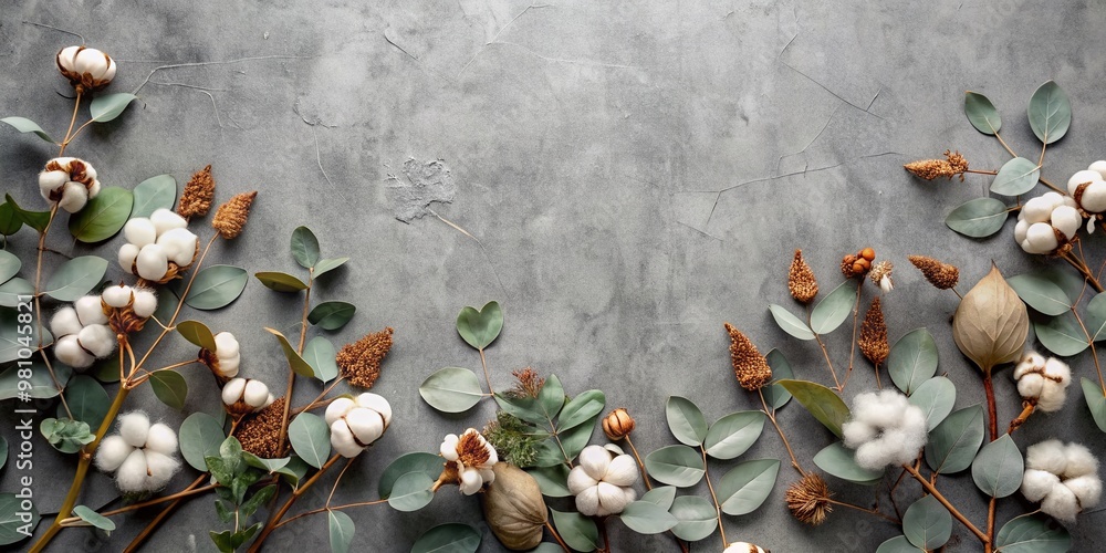 Fototapeta premium Elegant autumnal border composed of eucalyptus branches, delicate cotton flowers, and rustic dried leaves, artfully arranged on a soft gray background in a flat lay style.