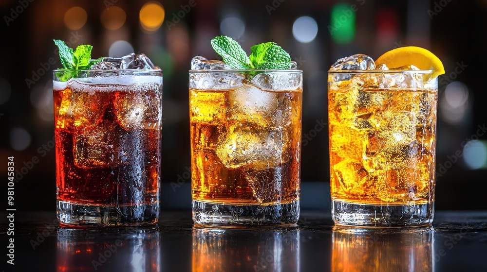 Refreshing cocktails displayed on a bar counter during a vibrant evening gathering with friends and lively ambiance