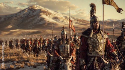 Vast Mongol army on horseback in snowy mountain landscape. Ornate flags and banners. Generals in elaborate armor lead the charge