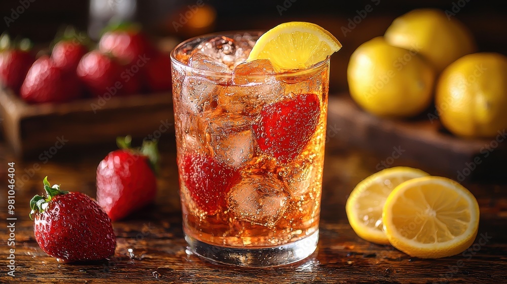 Refreshing drink with strawberries and lemon garnished on rustic wooden table during summer afternoon Refreshing drink with strawberries and lemon garnished on rustic wooden table during summer afternoon
