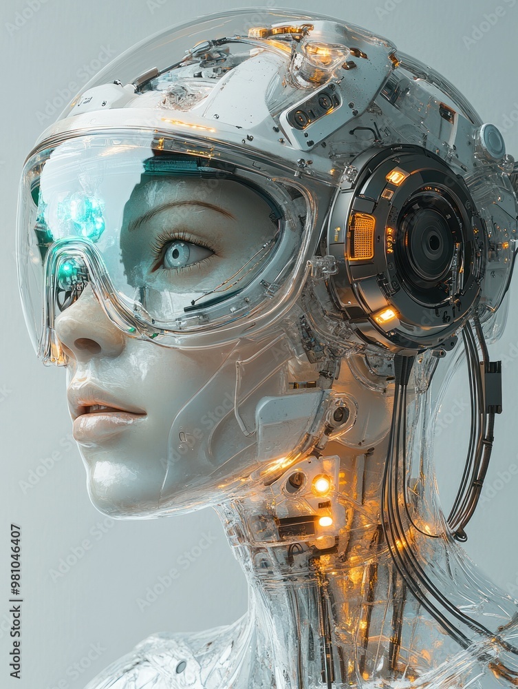 Cyborg head with advanced machinery and wires Cyborg head with advanced machinery and wires