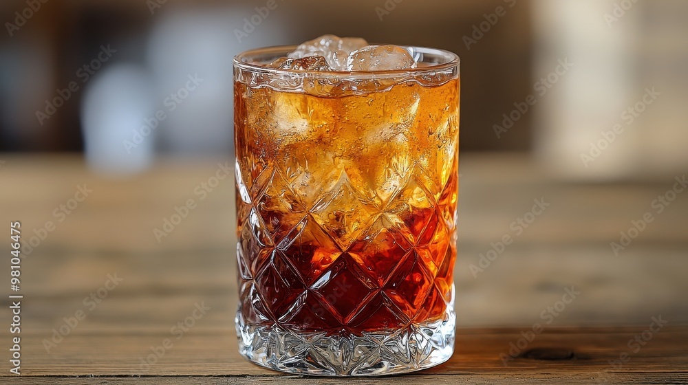 Refreshing cocktail served in a crystal glass, featuring ice cubes and vibrant colors on a rustic wooden table Refreshing cocktail served in a crystal glass, featuring ice cubes and vibrant colors on a rustic wooden table