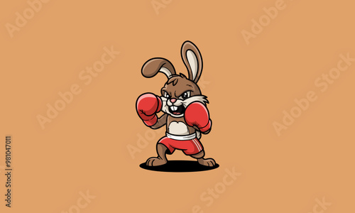 Angry boxing rabbit in red gloves ready to fight