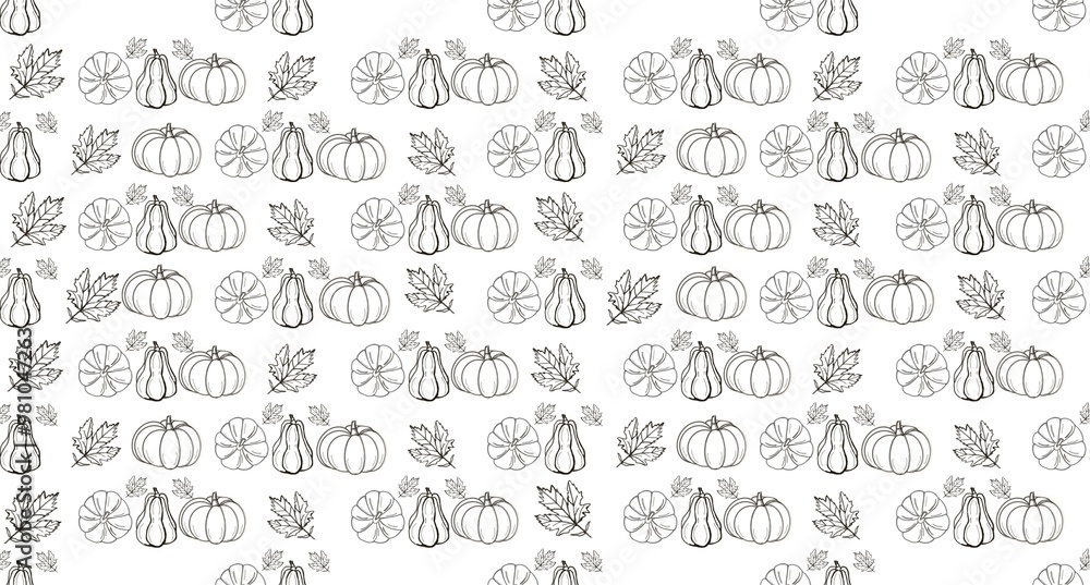 set of elements, a seamless pattern of black and white pumpkins. Doodle seamless pattern pumpkins. Vegetables seamless pattern, isolated background
