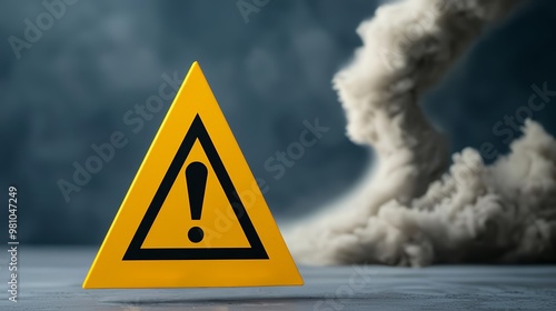 Yellow warning triangle with a black exclamation mark, with a tornado spiraling in the background