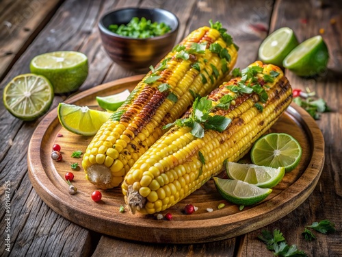 Freshly grilled corn on the cob smothered in a vibrant mixture of cilantro, spices, and lime juice, glistening with moisture on a rustic wooden platter.
