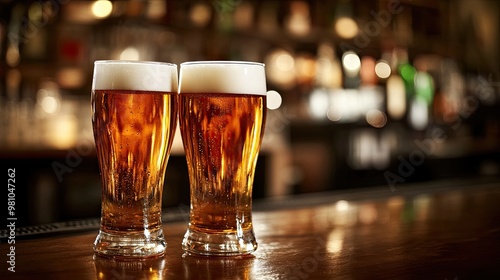 Close-up of two glasses of beer clinking together in a warm, inviting bar setting, symbolizing a fun night out.