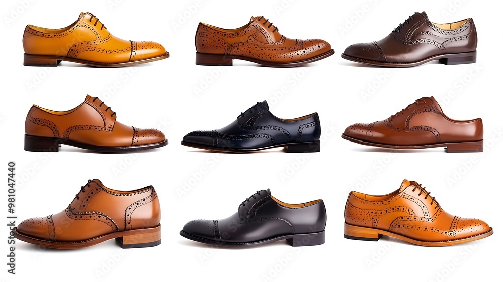 A display of various styles of dress shoes arranged in three rows. A display of various styles of dress shoes arranged in three rows.