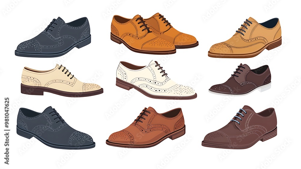A collection of various styles of dress shoes arranged in a grid. A collection of various styles of dress shoes arranged in a grid.
