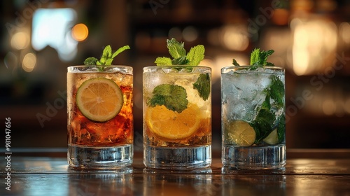 Refreshing cocktail selection featuring mint and citrus garnishes in a cozy bar on a warm evening