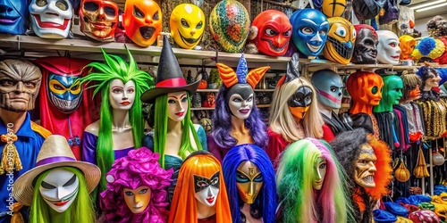 Vibrant assortment of colorful costumes and accessories for Halloween, including masks, hats, wigs, and superhero