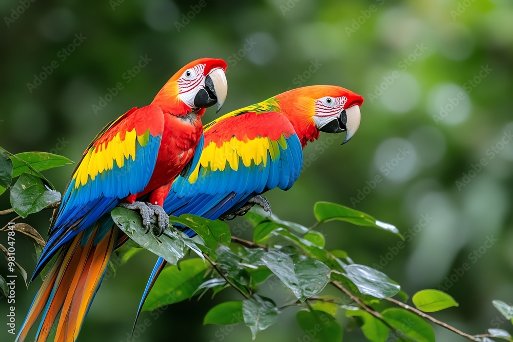 Amazon Forest macaws flying over the canopy, their bright feathers contrasting with the green trees Amazon Forest macaws flying over the canopy, their bright feathers contrasting with the green trees