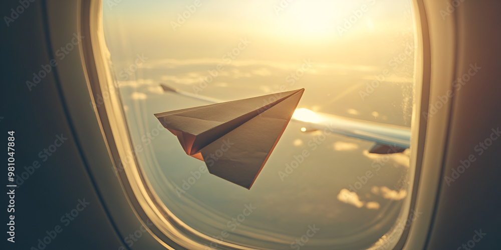 A paper airplane soaring in the sky captured from an airplane window at sunrise
A paper airplane soaring in the sky captured from an airplane window at sunrise