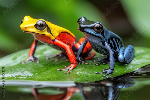 Amazon Forest poison dart frogs perched on leaves, their vivid colors standing out