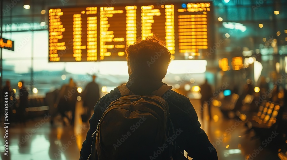 A traveler gazes at the departure board in a bustling airport, surrounded by the anticipation of journey and adventure. A traveler gazes at the departure board in a bustling airport, surrounded by the anticipation of journey and adventure.