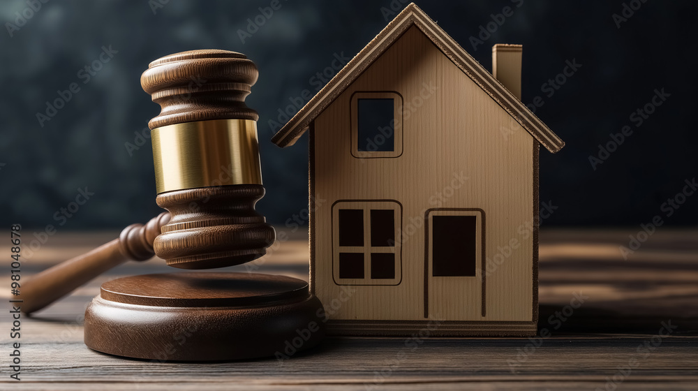 A wooden judge's gavel placed next to a small house model, symbolizing real estate law and property investment A wooden judge's gavel placed next to a small house model, symbolizing real estate law and property investment
