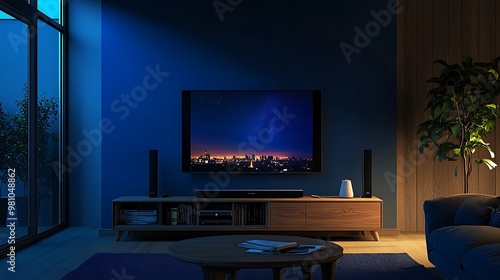 A cozy living room with a television displaying a night sky and cityscape, featuring modern furniture and decor.