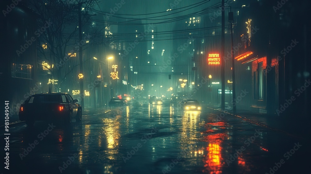 Obraz premium Misty urban street scene at night, illuminated by neon lights and reflecting in rain-soaked pavement, creating a moody atmosphere.
