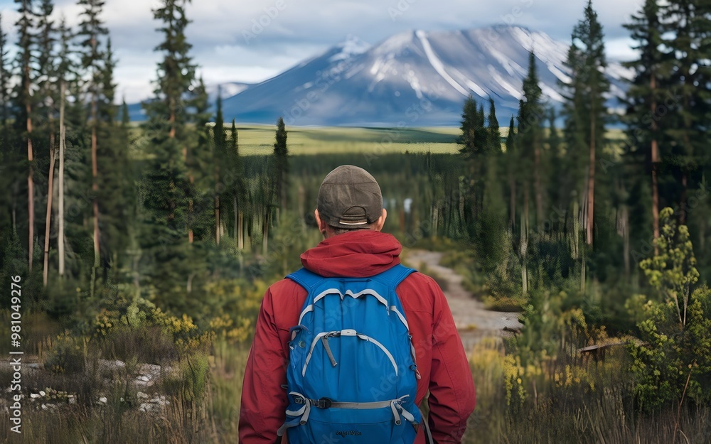 Back View of Male Tourist Exploring Northern Russian Forests, Immersed in Scenic Nature, Adventurous Traveler Capturing the Beauty of Wilderness and Rural Landscape Back View of Male Tourist Exploring Northern Russian Forests, Immersed in Scenic Nature, Adventurous Traveler Capturing the Beauty of Wilderness and Rural Landscape