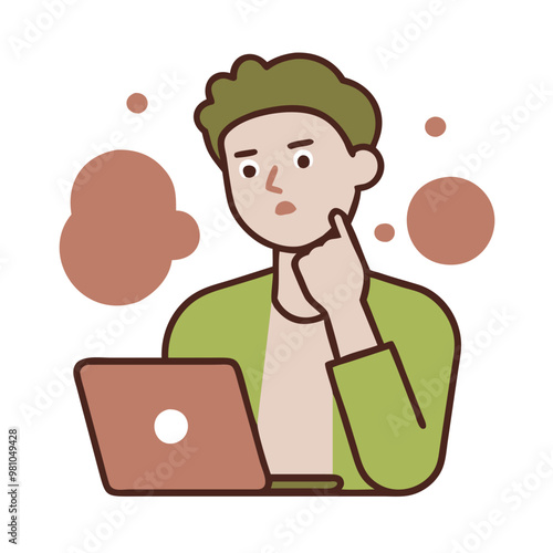 Clip art of a person thinking in front of a laptop