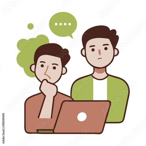 Clip art of a person thinking in front of a laptop