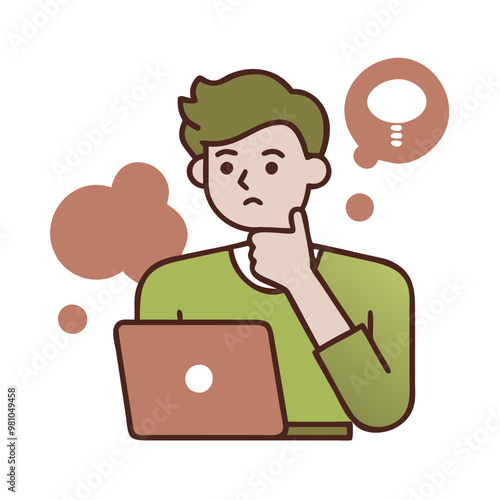 Clip art of a person thinking in front of a laptop