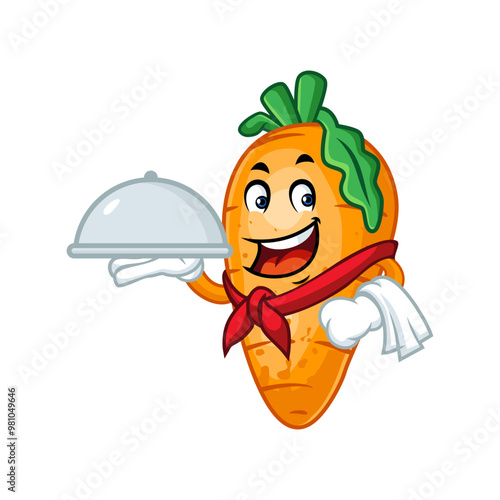 Happy cartoon carrot chef holding serving platter, promoting healthy eating and vegetarian cuisine.