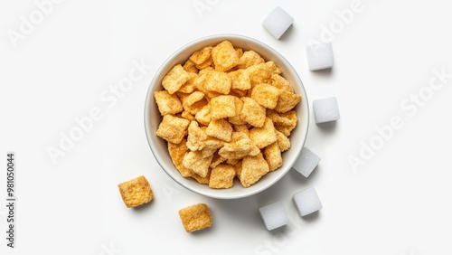 white background, a bowl of kellogs frosties in the middle and beside 5 sugar cubes  photo