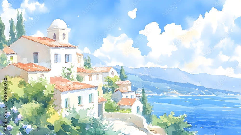 Obraz premium Picturesque coastal village with brightly colored houses, green hills rising in the background, the sea reflecting the vibrant hues of the landscape in a harmonious scene