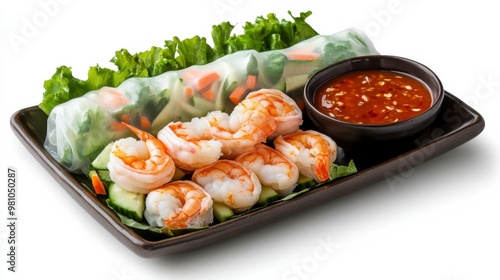 Fresh shrimp served with vibrant greens and a savory dipping sauce, perfect for a delicious meal or appetizer.