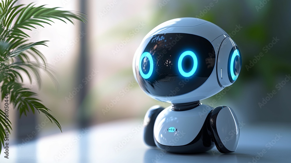White Robot with Blue Eyes Looking at a Green Plant White Robot with Blue Eyes Looking at a Green Plant