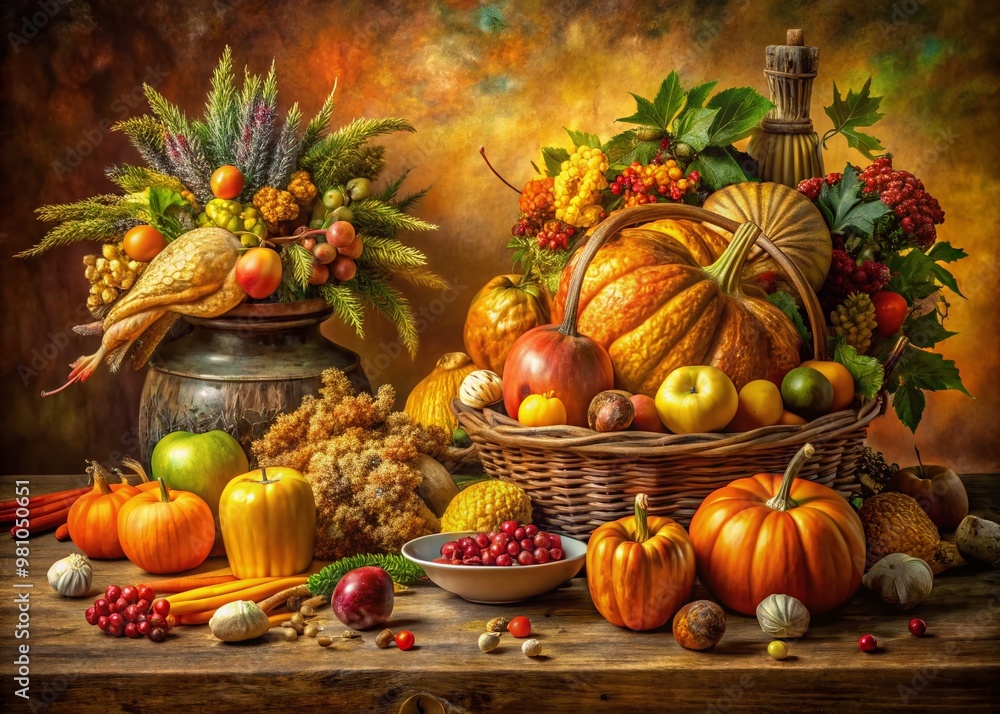 Vibrant autumnal still-life painting of a bountiful harvest table, adorned with golden turkey, ripe fruits, and Vibrant autumnal still-life painting of a bountiful harvest table, adorned with golden turkey, ripe fruits, and
