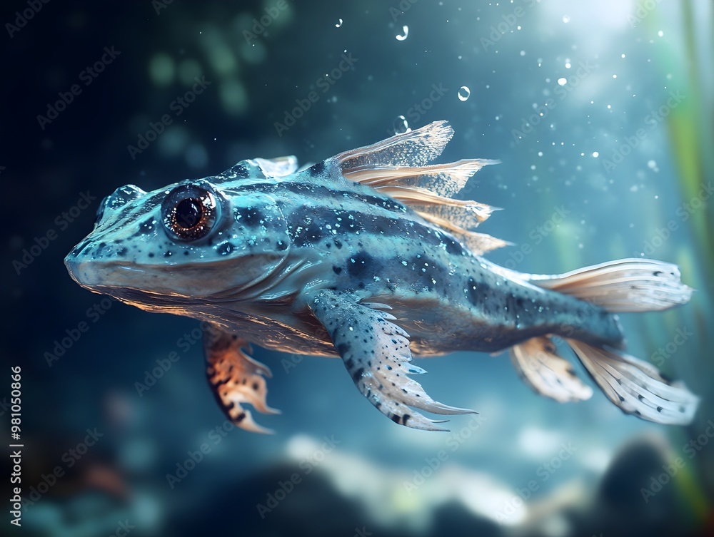 Naklejka premium Fantastical Amphibious Hybrid Creature in Surreal Underwater Realm with Avant Garde Rendering