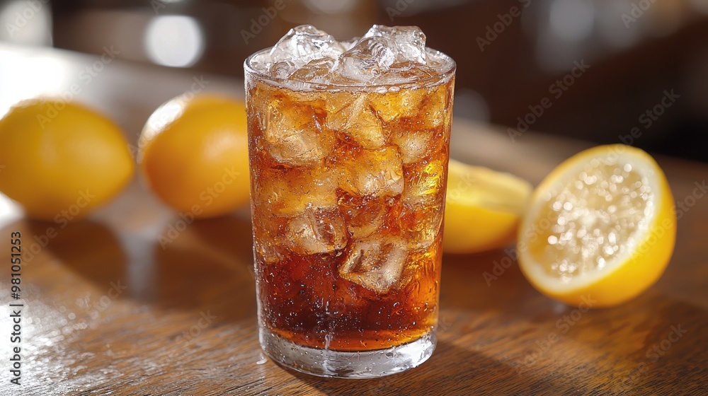 Refreshing iced tea with lemon slices on wooden table during sunny afternoon Refreshing iced tea with lemon slices on wooden table during sunny afternoon