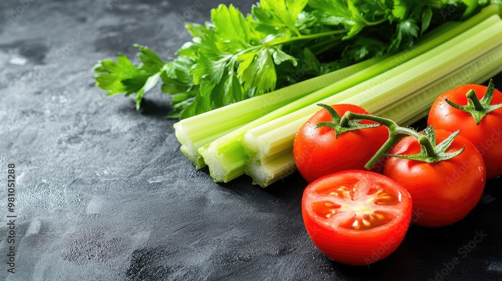 Freshly cut celery and tomatoes, rich in water and minerals, with space for text at the top. Freshly cut celery and tomatoes, rich in water and minerals, with space for text at the top.