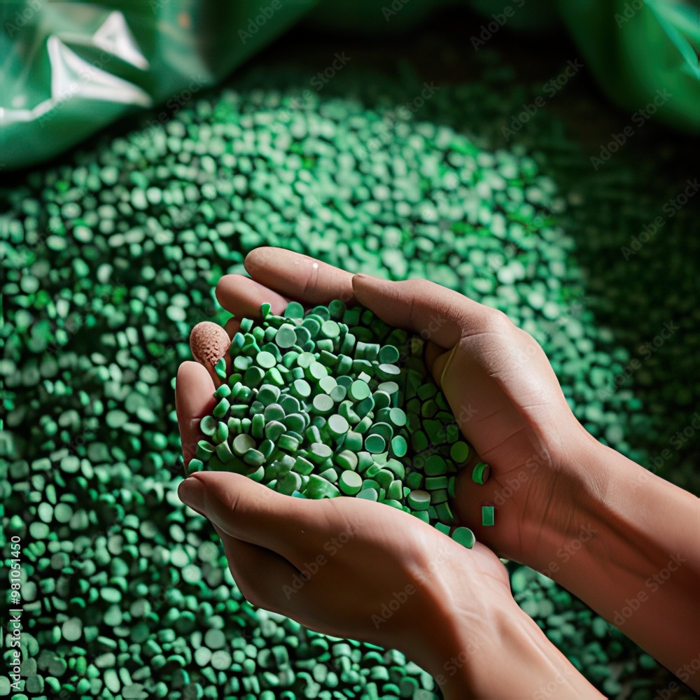 Hands holding green plastic granules for recycling Hands holding green plastic granules for recycling