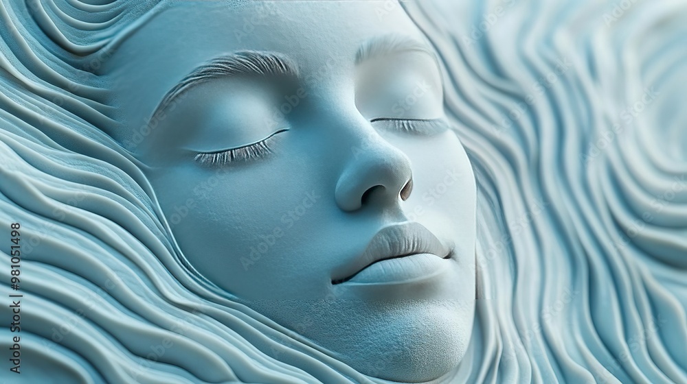 A serene and artistic representation of a woman's face, flowing lines create a calming and dreamlike effect in soft blue tones. A serene and artistic representation of a woman's face, flowing lines create a calming and dreamlike effect in soft blue tones.