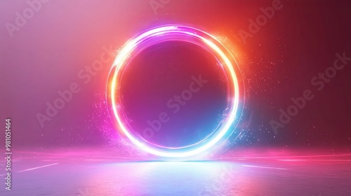 A glowing neon ring in a vibrant red and purple gradient background