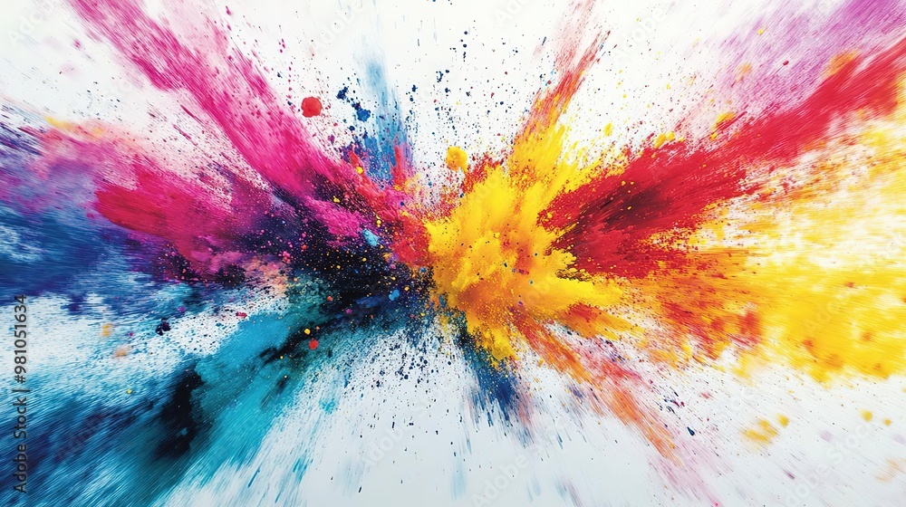 Vibrant explosion of colors with dynamic splashes of pink, blue, yellow, and orange on a white backdrop, perfect for creative projects. Vibrant explosion of colors with dynamic splashes of pink, blue, yellow, and orange on a white backdrop, perfect for creative projects.