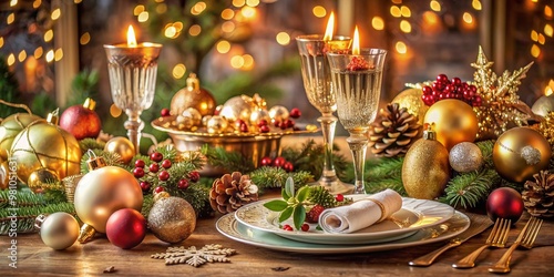 Luxurious festive Christmas table setting with ornate decorations, sparkling ornaments, and elegant dinnerware, perfectly arranged in a stunning flat lay holiday still life composition. photo