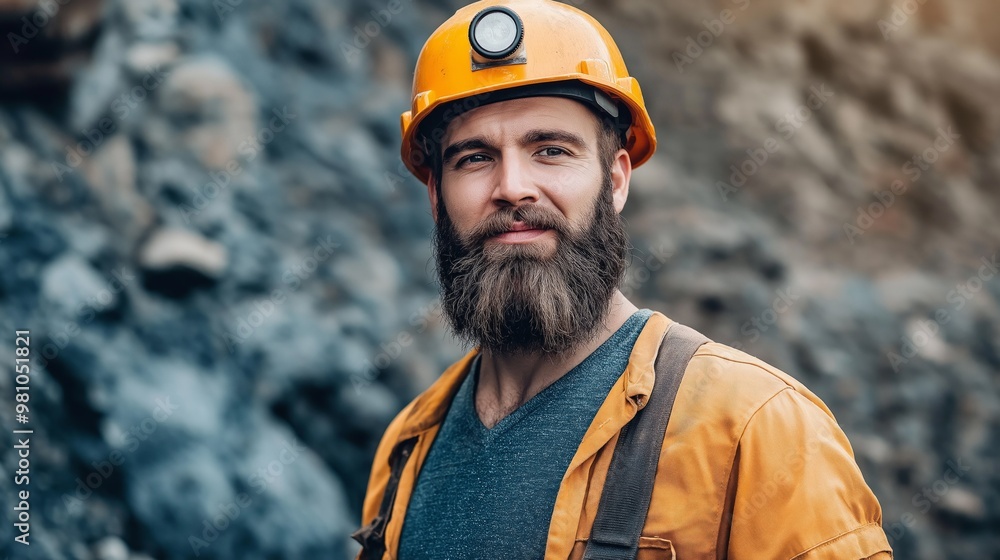 Modern miner in work gear poses confidently in a chaotic mining environment Modern miner in work gear poses confidently in a chaotic mining environment