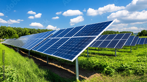 Solar Panels in a Green Field with Blue Sky and White Clouds