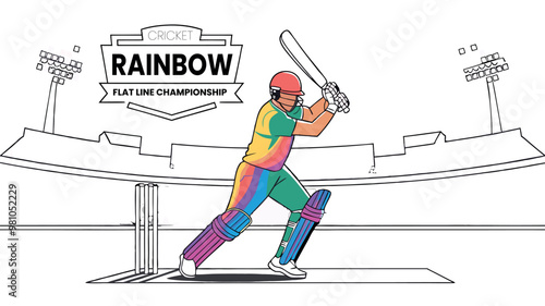 Cricket rainbow flat line banner batsman championship vector illustration