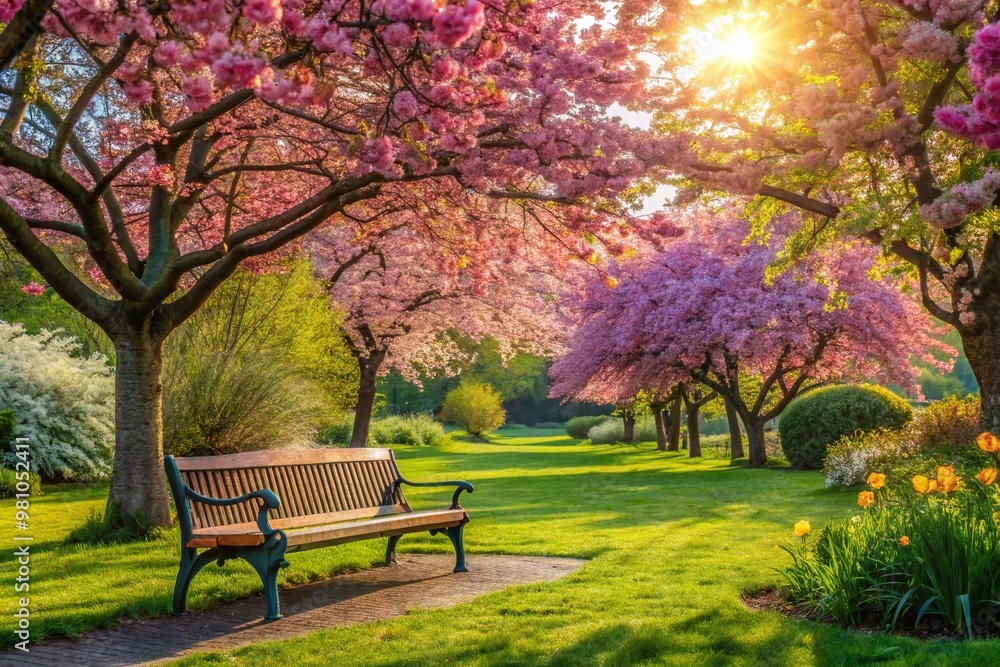 Vibrant blooming flowers, lush green grass, and a tranquil garden bench surrounded by blooming trees, capturing the Vibrant blooming flowers, lush green grass, and a tranquil garden bench surrounded by blooming trees, capturing the