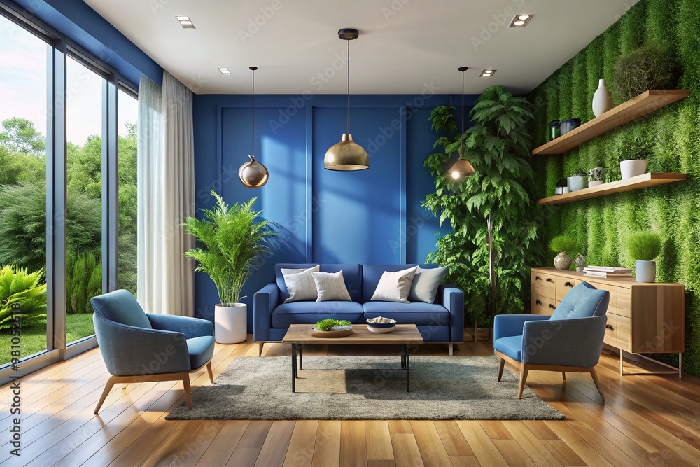 Fototapeta premium Vibrant blue accent wall complements lush greenery and sleek modern furniture in a spacious, naturally lit living room