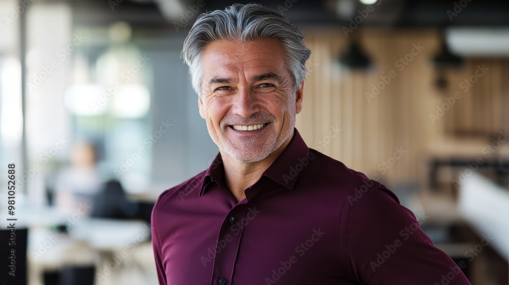 Confident Senior Businessman Smiling in Modern Office Environment Confident Senior Businessman Smiling in Modern Office Environment
