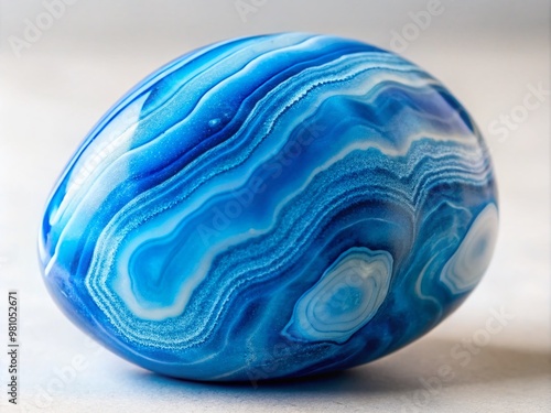 Vibrant blue agate stone with swirling patterns and creamy white inclusions, isolated on a neutral background,