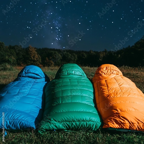 Group of friends with sleeping bags, stargazing together, camping stargazing, shared celestial moments